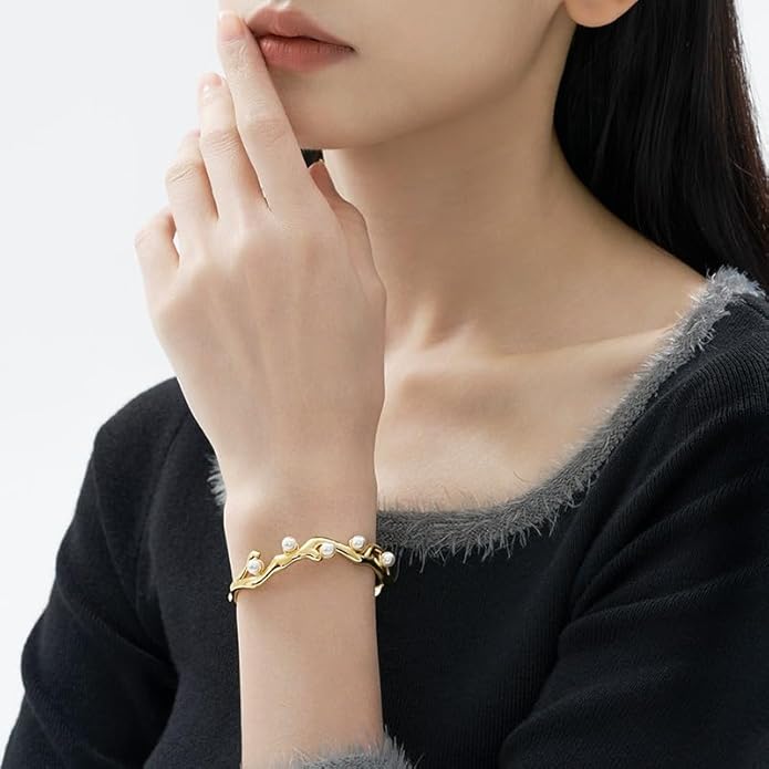 Elegant Gold Pearl Twist Cuff Bracelet